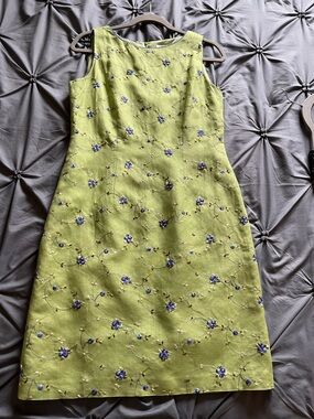 Coldwater Creek Lime Green Embroidered Dress with lavender Flowers